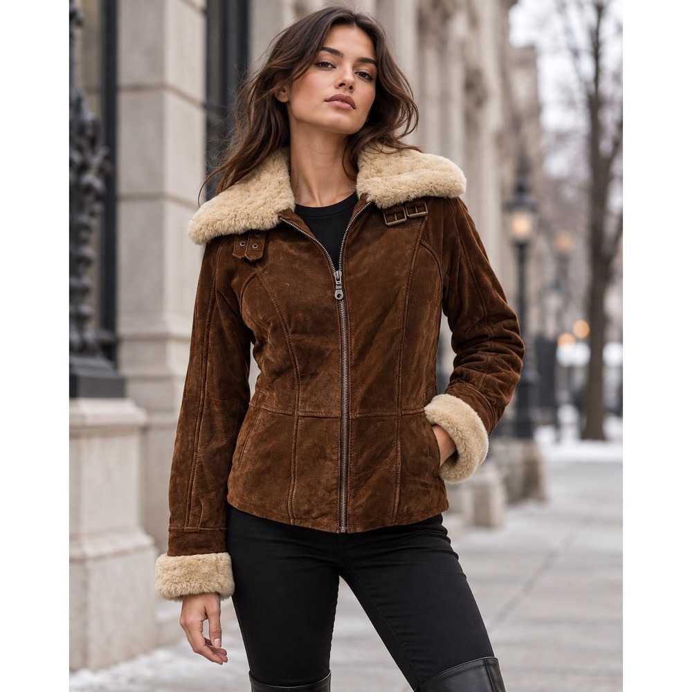 Wilsons Leather Brown Suede Shearling Style Aviator Jacket Small